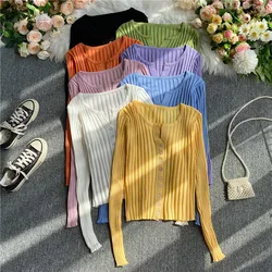 Knitted Tees Solid Black Casual Long Sleeve Vintage Green Tops For Women Pink Mujer Camisetas Striped Tshirt Female Clothing