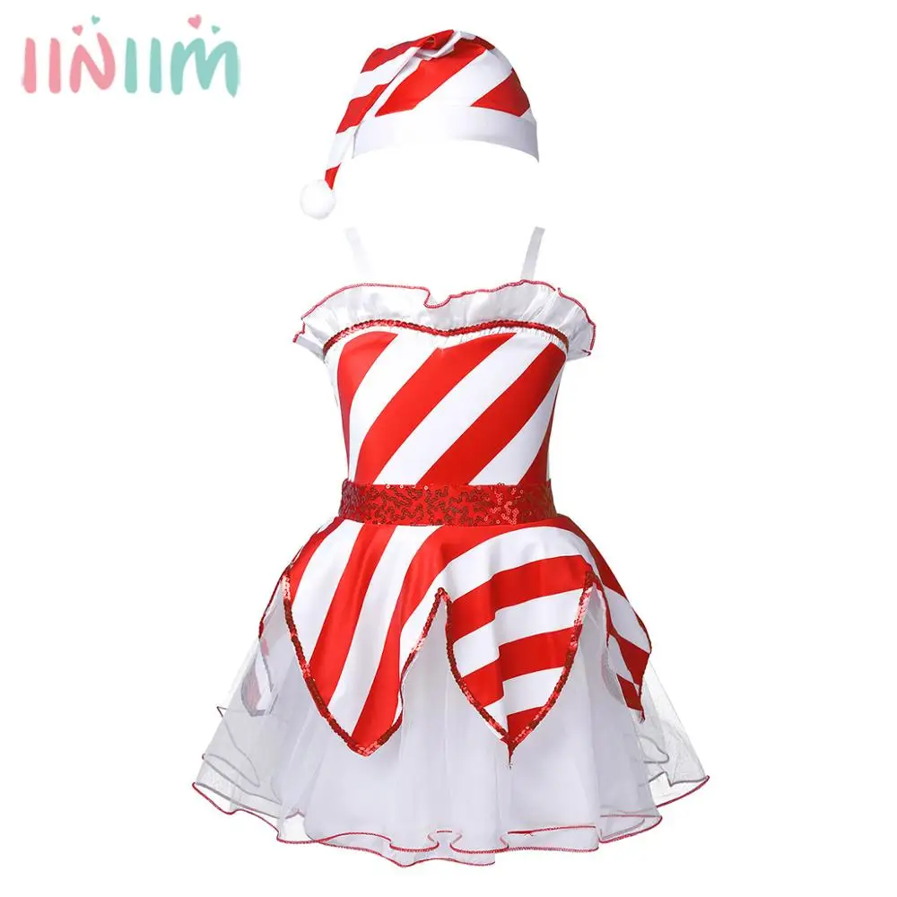 Ballet Tutu Dress Kids Girls Dance Christmas Costume Children Outfit Adjustable Spaghetti Straps Sequined Mesh Striped Dresses