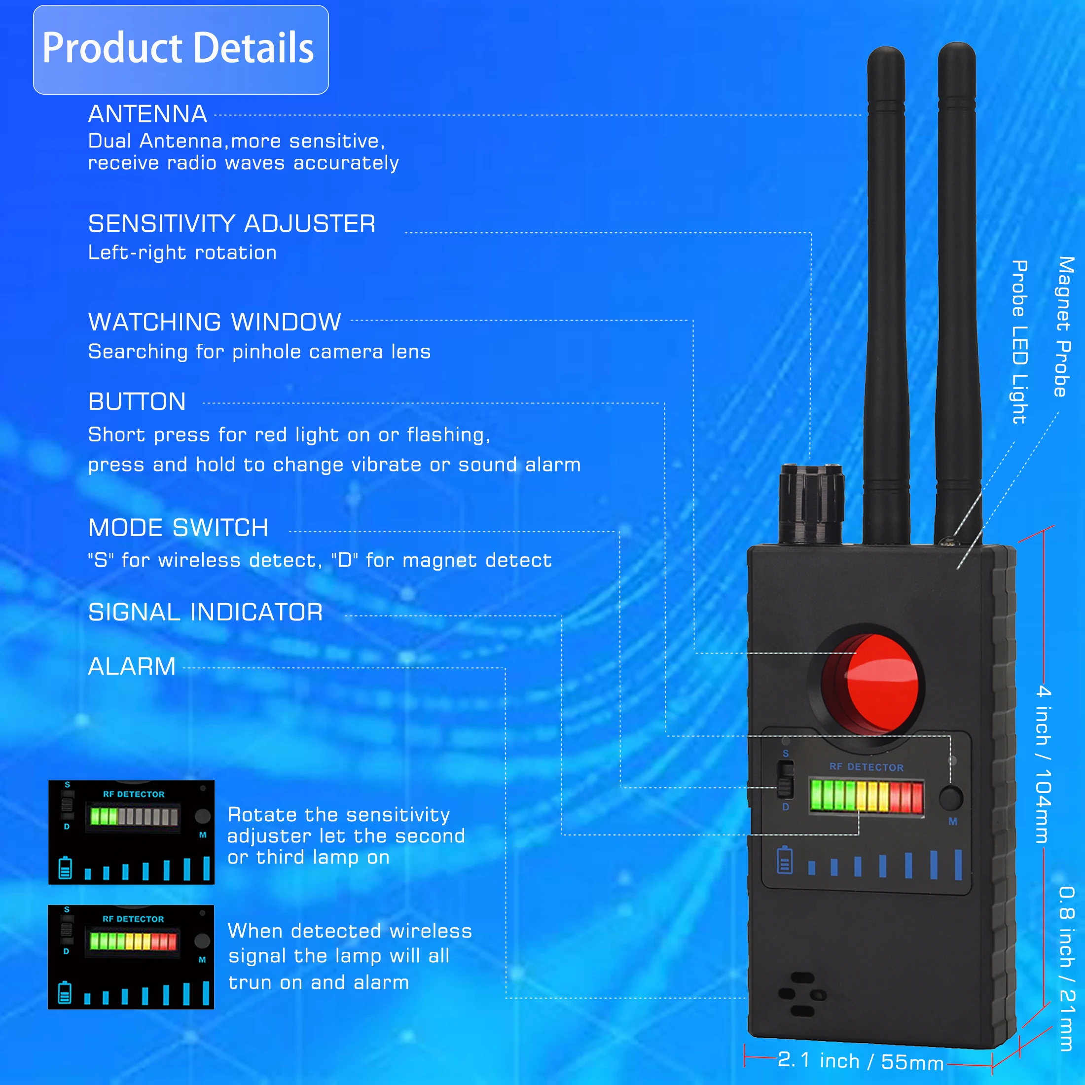 Anti Candid Hidden Camera Detector RF Signal Finder Bug GPS Audio GSM Mobile Phone Wifi Pinhole Camera Scanner Dual Antenna G528