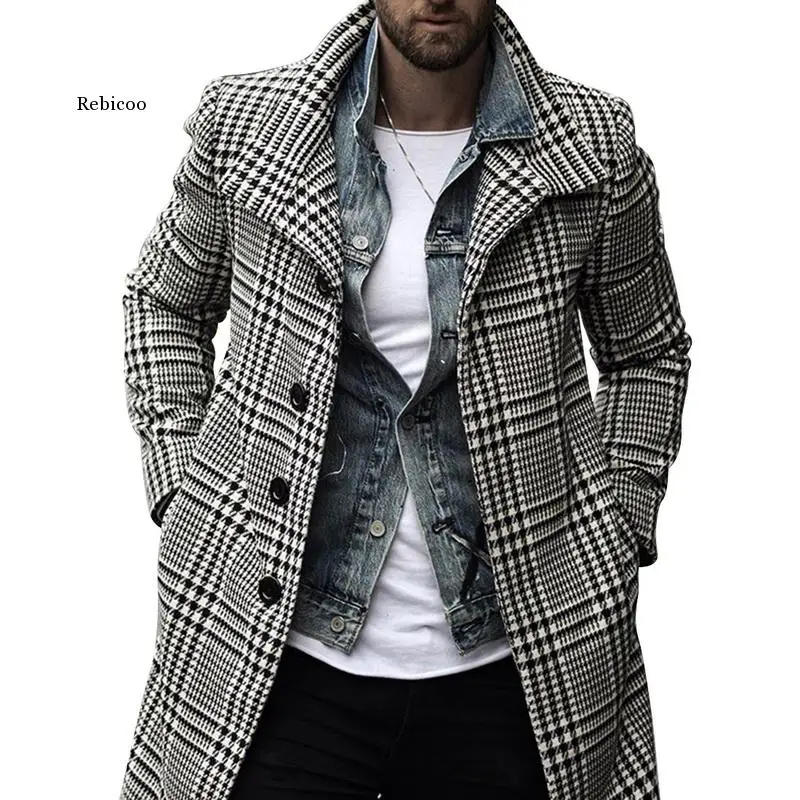 

Winter Wool Jacket Men Blends Autumn Windbreaker Black White Plaid Trench Coat Outwear Men Slim Fit Coats Jackets