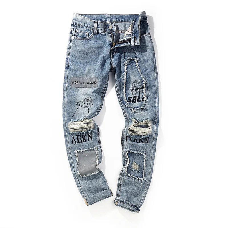 

2020 New Arrival Top Fashion God Men Zipper Fly Full Length Popular Logo Straight High Street Printing Hole In Jeans Are Male