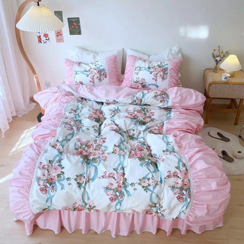 

Pastoral Flowers Printing Bedding Set, Pink Lace Ruffle, Princess Duvet Cover, Bedspread, Bed Skirt, Pillowcases, 100% Cotton