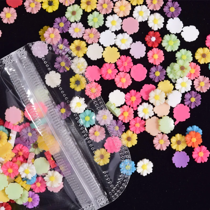 100Pcs/bag Daisy Flower Resin Nail Rhinestones DIY Nail Charms Nail Studs For Nail Art Decor Rhinestone Drops Manicure Tip ZCF