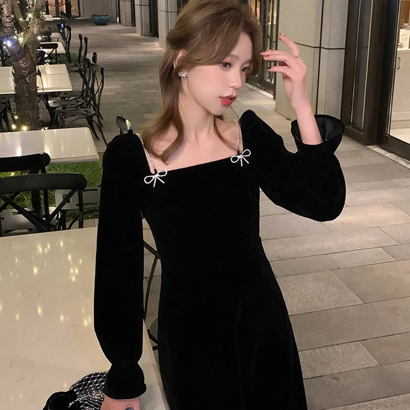 

Spring 2022 vintage Dress Ladies slim party dress South Korean fashion long sleeve black bow dress elegant ladies