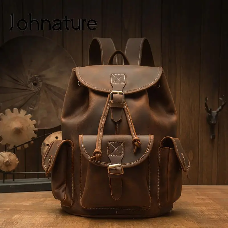 Johnature Crazy Horse Leather Backpack 2024 New Vintage Men Fashion Outdoor Travel Bag Leisure Large Capacity Cowhide Backbags