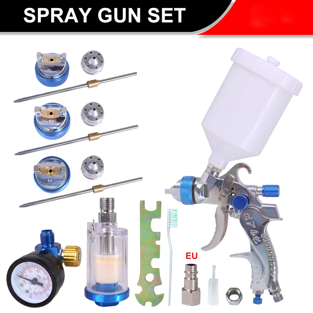 

Professional HVLP Spay Gun 1.4/1.7/2.0mm Nozzle Gravity Airbrush +Pressure Regulator + Water And Oil Separator Set