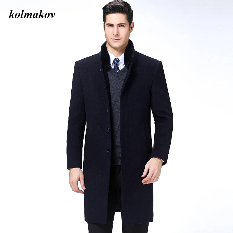 New Arrival Winter Style Men Boutique Woolen Coat High Quality Solid Detachable Fur Collar Wool Men's Long Trench Coat M-3XL