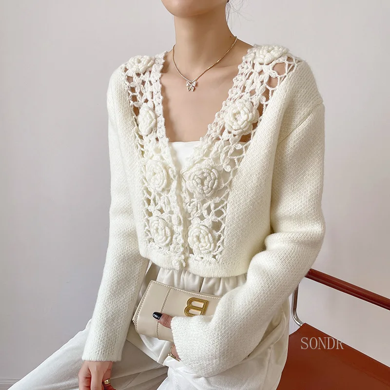 Wool Bend Crochet Hollow Out White Cardigan Women Short Sweater Jacket 2021 Hand Hook Floral Knitted Cardigan