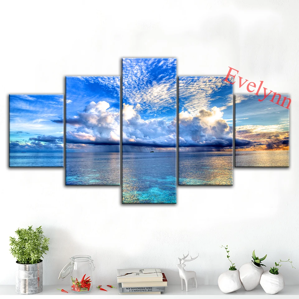 

Modern Canvas 5 Pieces Nature, Blue Sky,Ocean Poster Modular Pictures Wall Art Prints Home Decor Painting Living Room Frame Gift