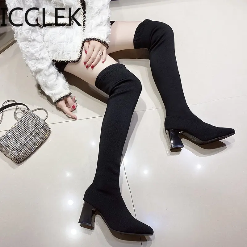 2020 Size 41 Winter Black Over The Knee Woman Boots Women Stretch Fabric Thigh High Heels Sexy Woman Shoes Long Bota Feminina