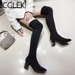 2020 formato 41 Inverno Nero Sopra Il Ginocchio Donna Stivali Donna In Tessuto Elasticizzato Coscia Tacchi Alti Sexy Scarpe Da Donna Lungo bota Feminina