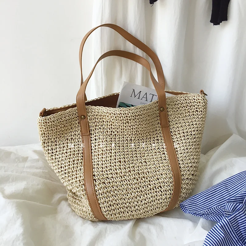 Casual Straw Woven Women Shoulder bag Wicker Handmade Handbags Women\'s bag Bohemian Beach bags for women Large Capacity Shopper