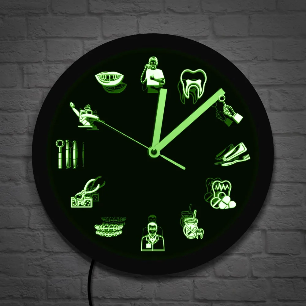 Dentist Tools Neon Sign Lighted Wall Clock Dental Practitioners Clinic Stomatological Hospital Orthodontics Decor Wall Light