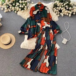 Women's Dress   Spring Retro Print Casual Set Design Batwing Sleeve Single Breasted Blouse+High Waist Long Pants Two Piece Suits