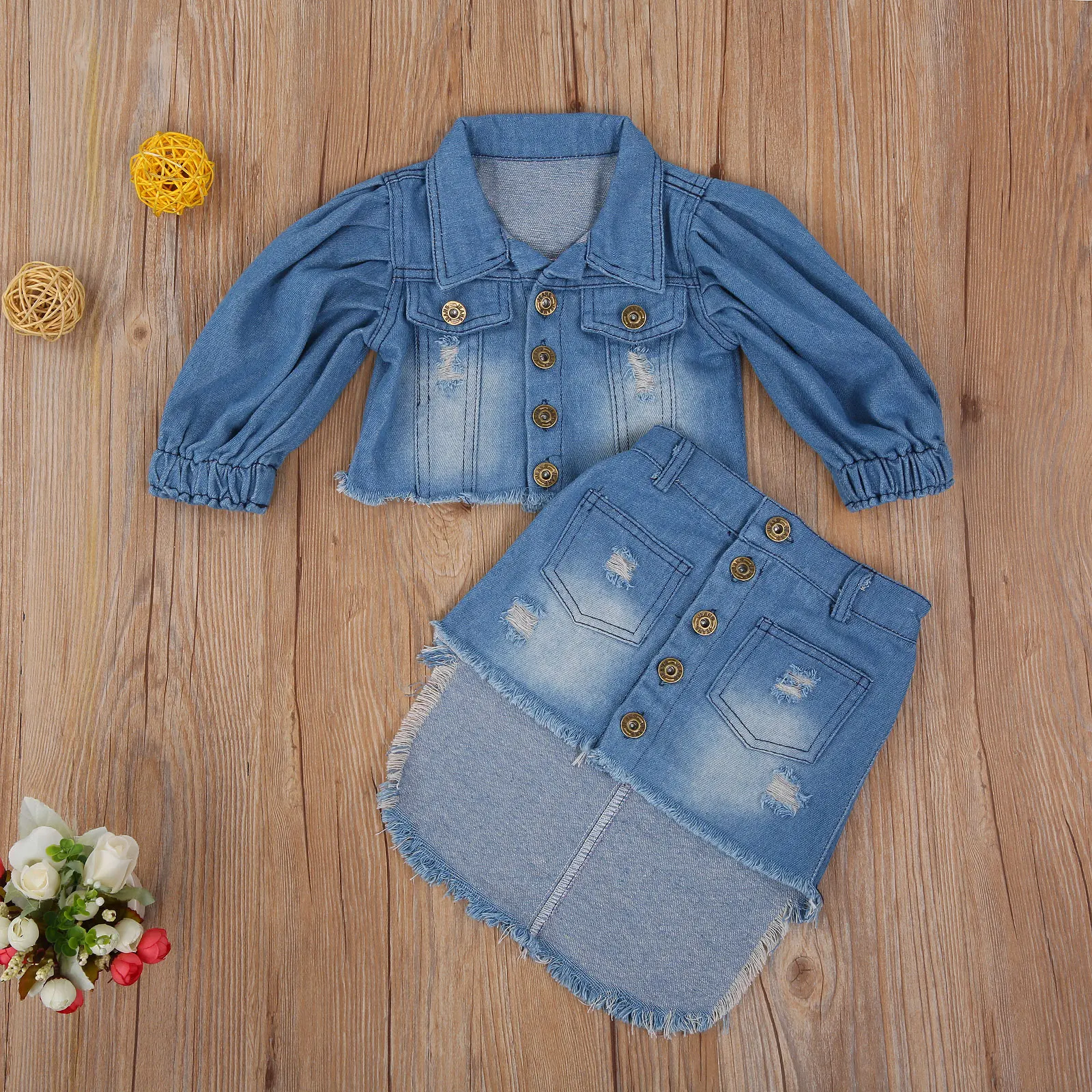 1-6Y Fashion Infant Baby Girls Clothes Sets Denim Blue Long Puff Sleeve Single Breasted Jacket Tops+Pencil Skirts 2pcs