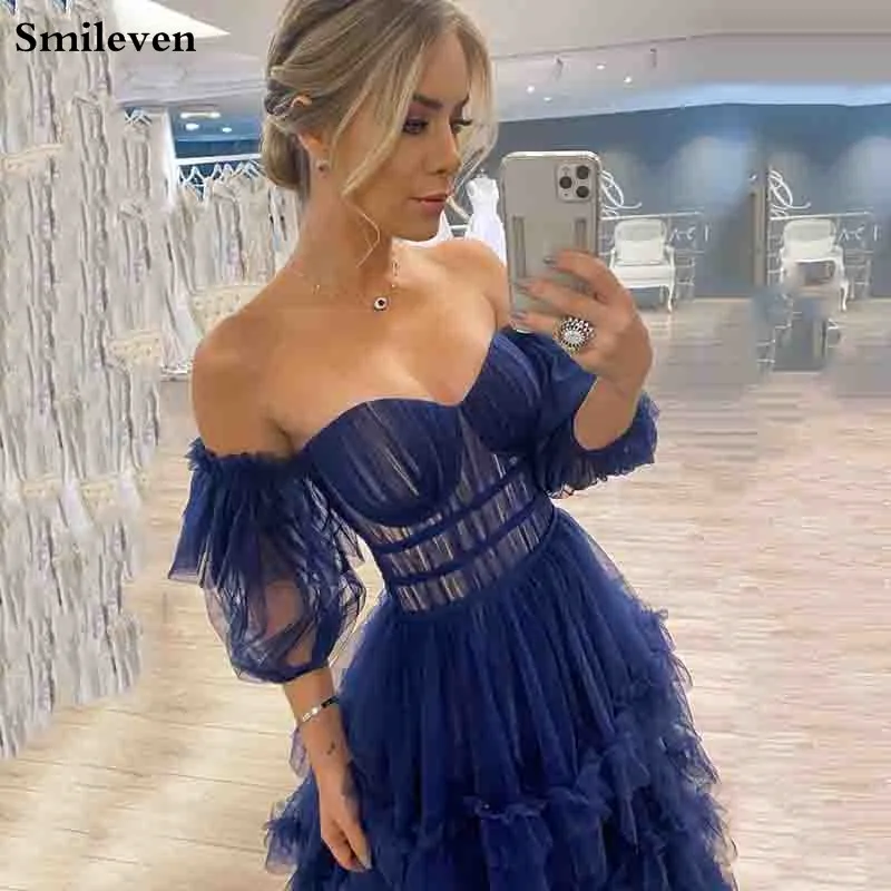 Smileven – robe longue de soirée en Tulle, épaules dénudées, col en cœur, à volants, robe de bal de forme trapèze, de standing, bleu marine