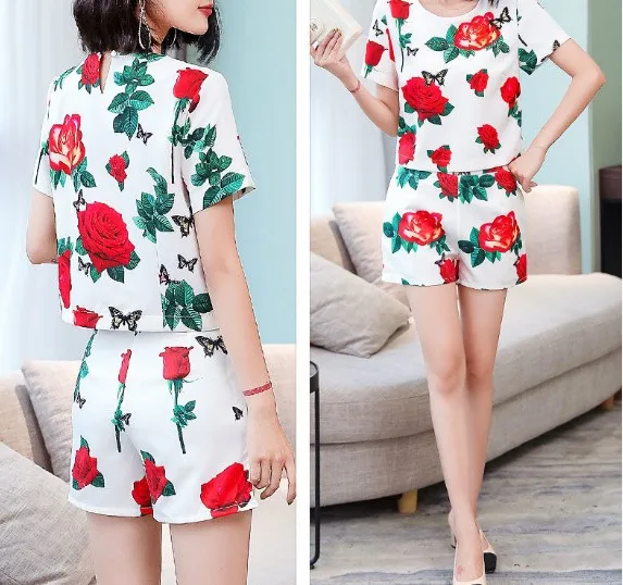 Runway New Summer clothing set women vintage Chain printed blouses short sleeved tops and retro pattern shorts pants suit NS846