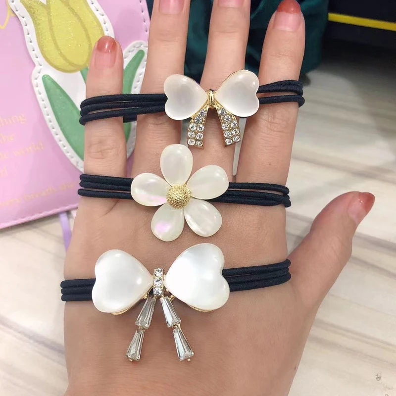 2024 New Simple Alloy Crystal Shining Geometric  Hair Rope Flower Headband Bow-Knot Black Rubber Band For Women