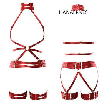 HANAERNES Red Wine Sexy Hollow Cage Adjustment Chest Strap Body Harness Wedding Bride Leg Garter Belt Gothic Cage Harness Set