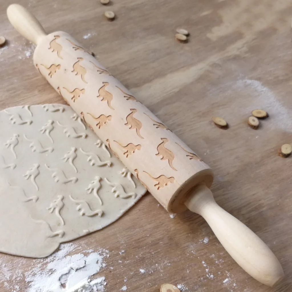 

Wooden Rolling Pin Laser Engraved Dinosaur Pattern Wooden Rolling Pin Cookie Dough Stick Texture Roller Rolling Pin Wood
