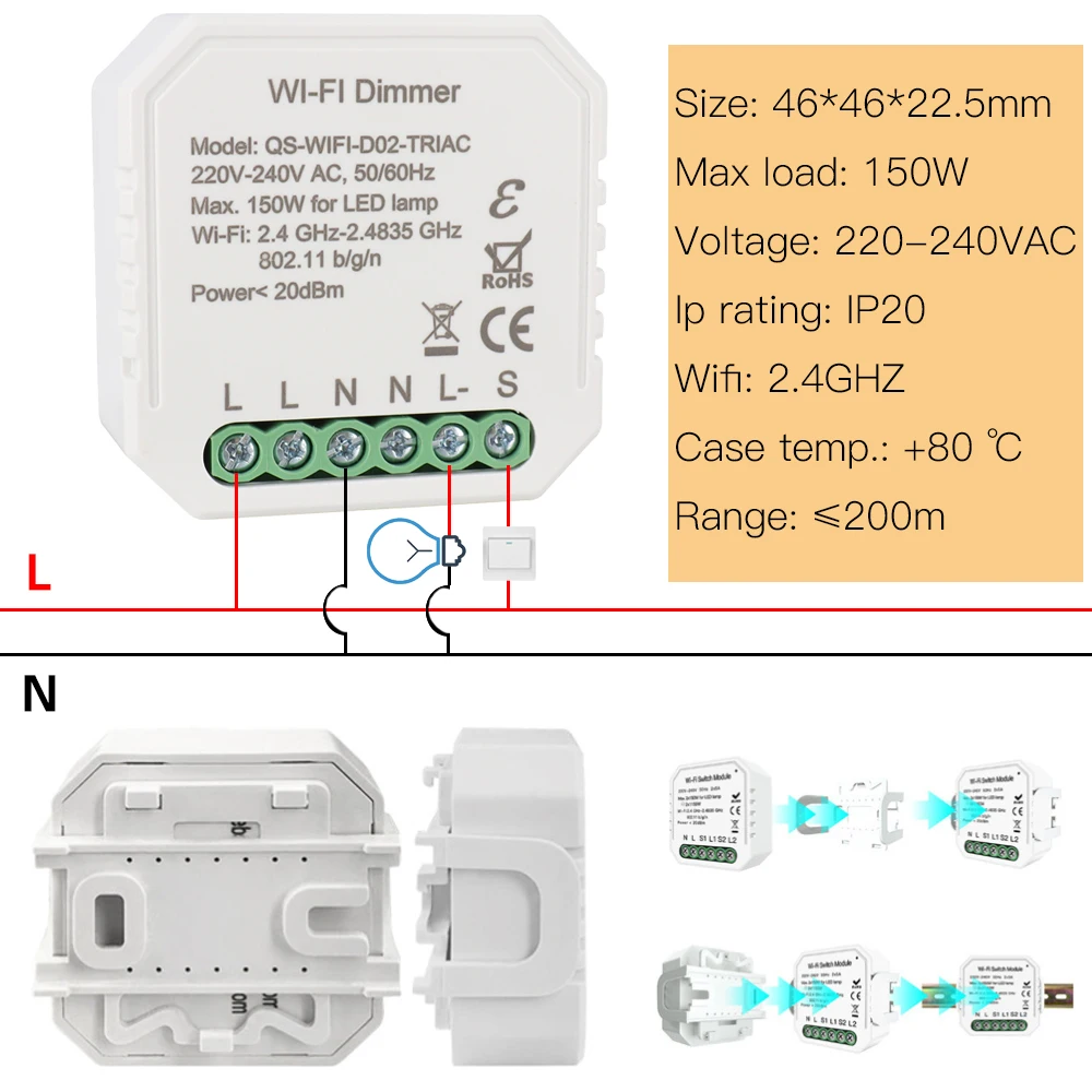 Smart Home Wifi Dimmer Switch Module 220V Mini Timer Switch Tuya Smart Life APP Remote Control Work with Alexa Google Home