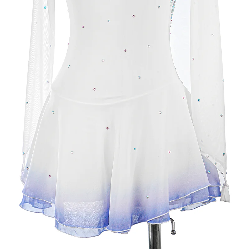 White Gradient Figure Skating Dress For Women And Girls Long Sleeve Ice Figure Skating Clothes With Rhinestones