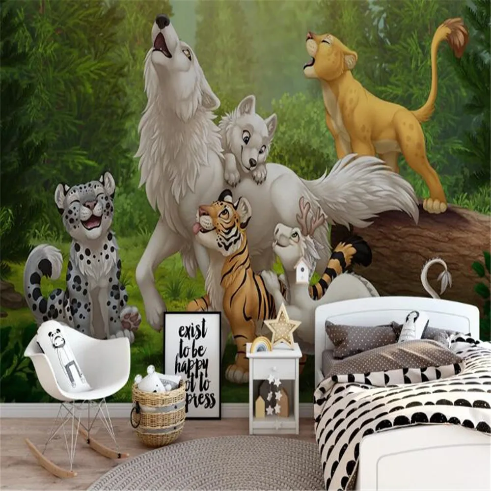 Customized 3D printed wallpaper with a playful and wild animal alliance theme for children's room murals