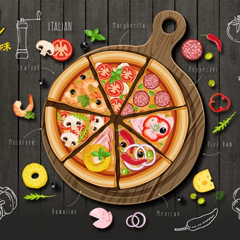 Custom Any Size Mural Wallpaper Vintage Black Wooden Board Pizza Wallpaper Restaurant Cafe Snack Bar Background Wall Painting 3D