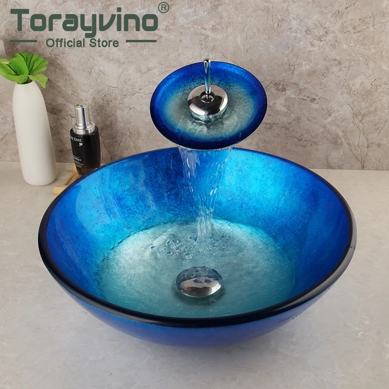 

Torayvino Bathroom Basin Faucet Set Round Sink Deck Mounted Tap Vanity Washing Glass Hand-Painted Lavatory Brass Taps Combo Kit