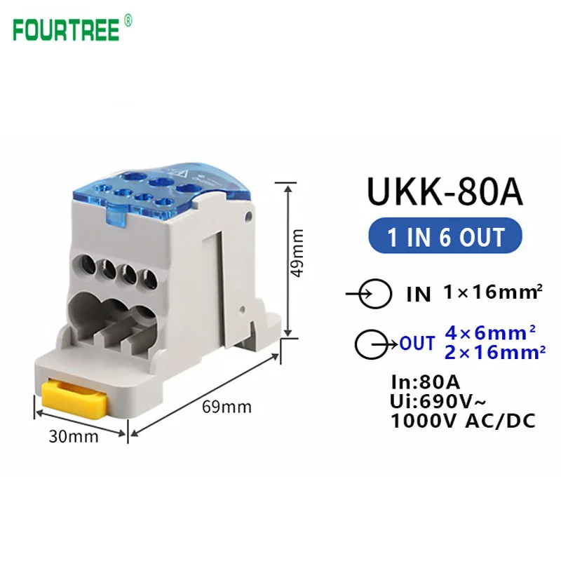 UKK 80A Terminal Blocks One In Several Out Power Distribution  Junction Box Universal Electric Wire Connector Din Rail 6 Way Out