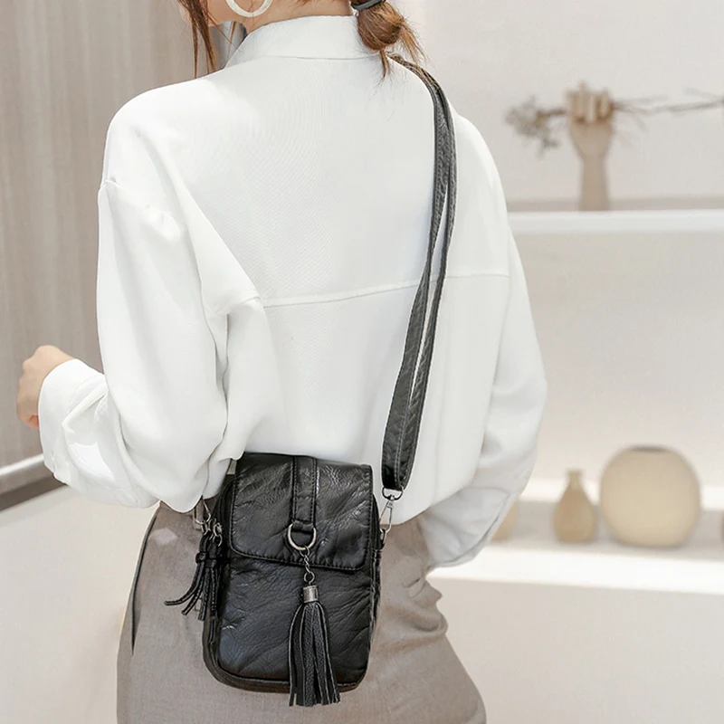 Soft Leather Crossbody Bags for Women High Quality Solid Color Tassel Shoulder Bag Retro Cell Phone Purse Handbags