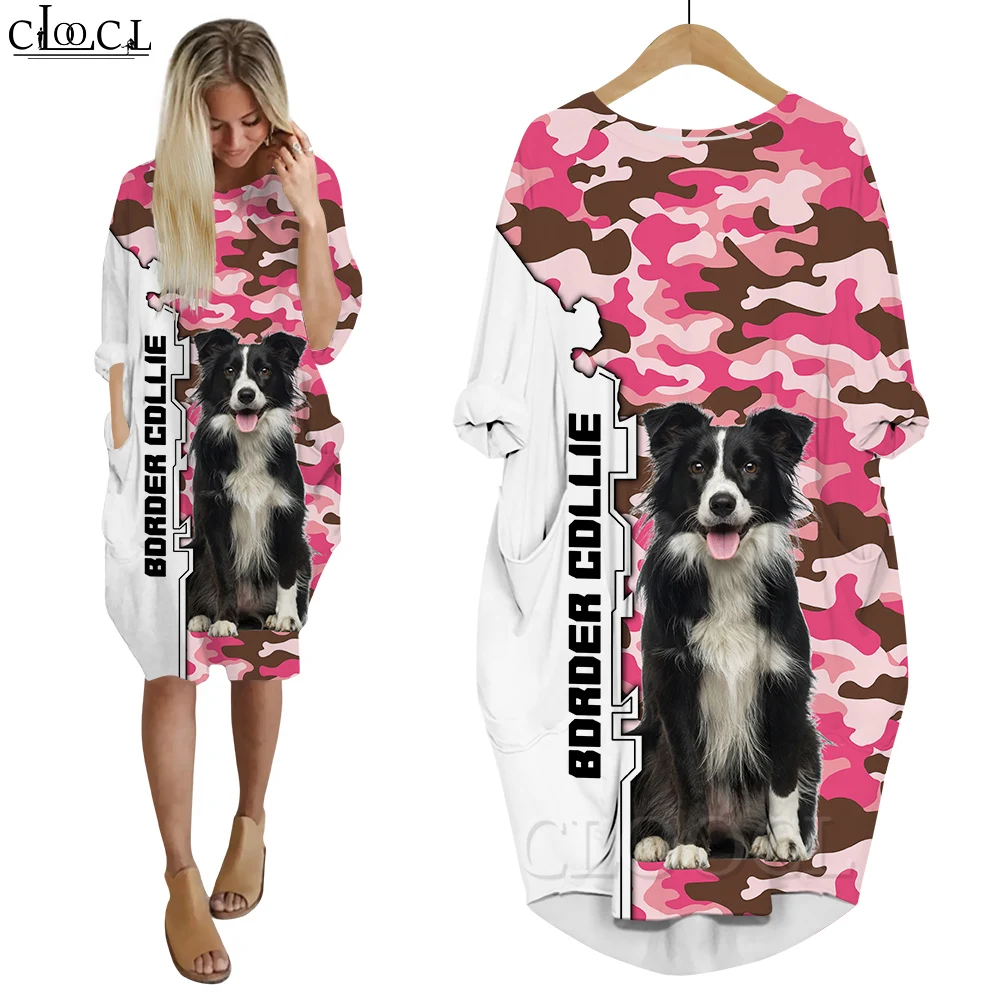 

CLOOCL Women Dress Animal Border Collie 3D Loose Daughter Dresses Long Sleeve Casual Style Street Pocket Dress Drop Shipping