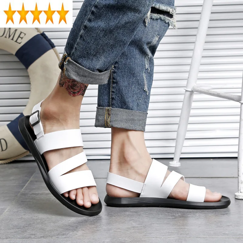 White Beach Shoes Summer Men British Breathable Casual Leather Gladiator Fashion Soft Sole Cool Flat Sandals Slippers