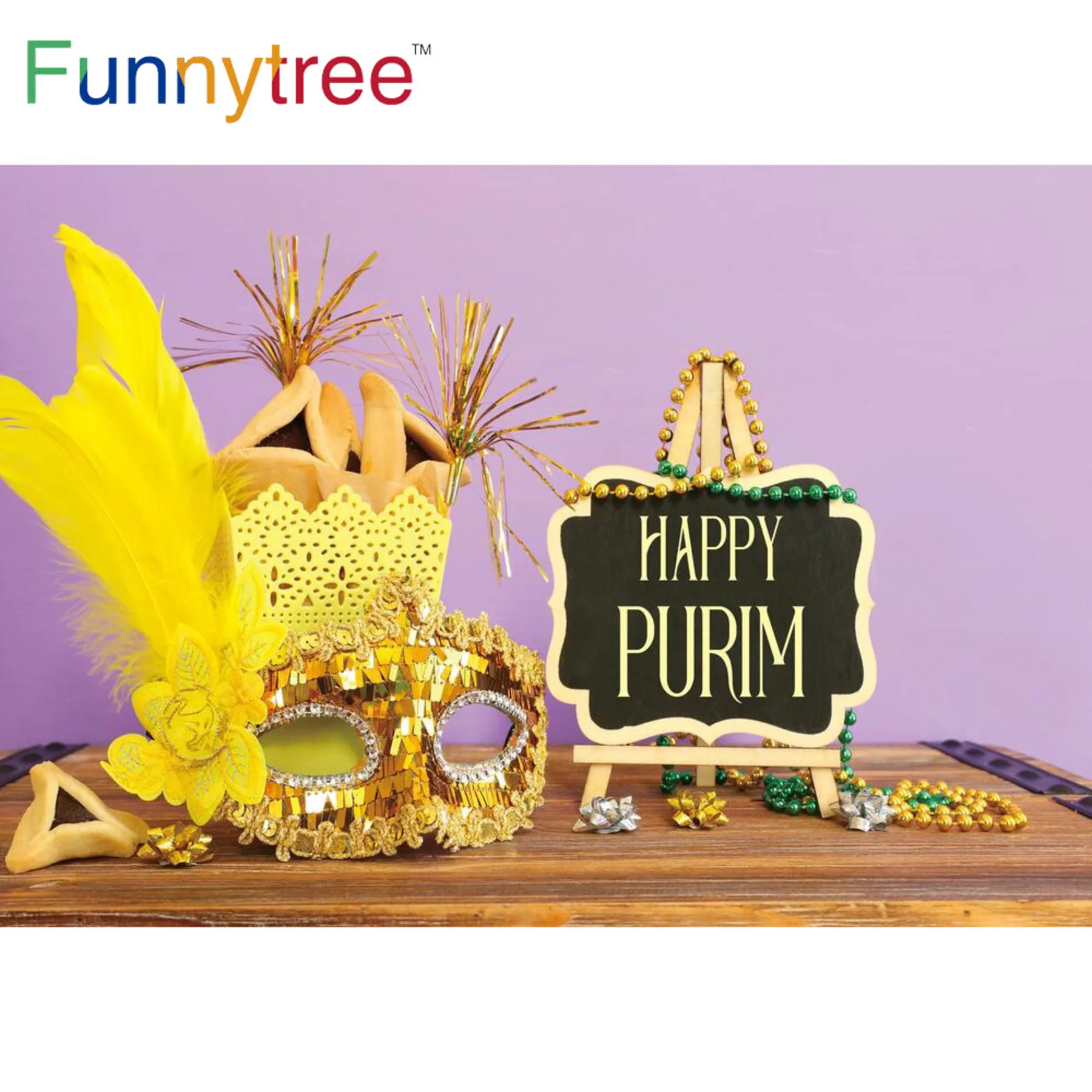 Funnytree Masquerade Photography Backdrop Jewish Festival Oznei Haman Bread Feather Photo Wallpaper Happy Purim Party Banners