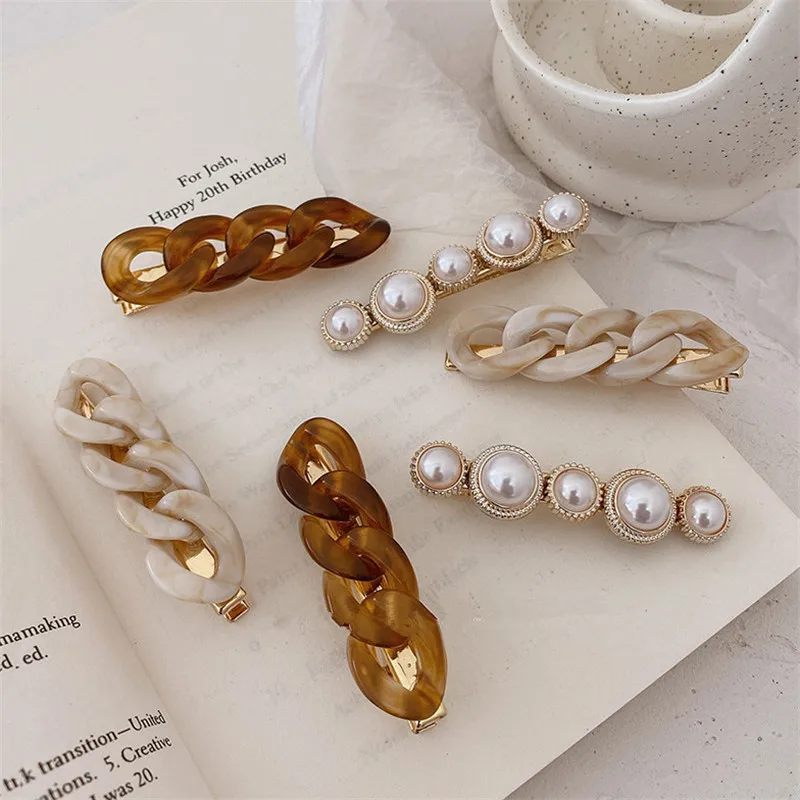 2Pcs/Set Korea Fashion Imitation Pearl Hairpins Women Vintage Acrylic Chain Hair Clips For Girls Hair Accessories Gifts Jewelry