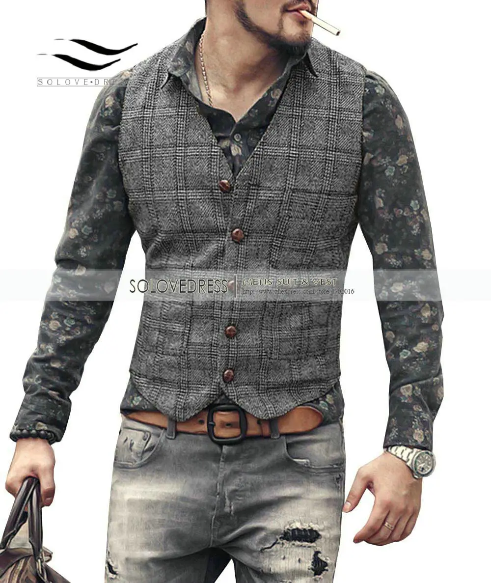 

Men's Suit Vest Vintage/Denim Wool Tweed jacket Plaid Classic Gentlemen V Neck Waistcoat Vest For Wedding Groomsmen Gilet Homme