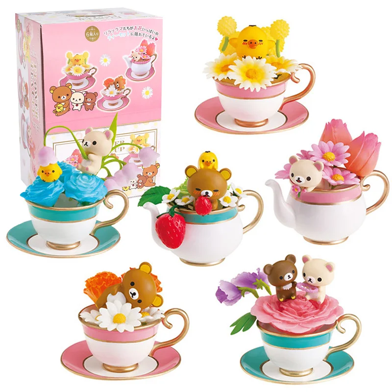 

New Rilakkuma Korirakkuma Kiiroitori Bear Flower Tea Cup Series PVC Figure Model Toys 6PCS Set Dolls Kids Children Gifts