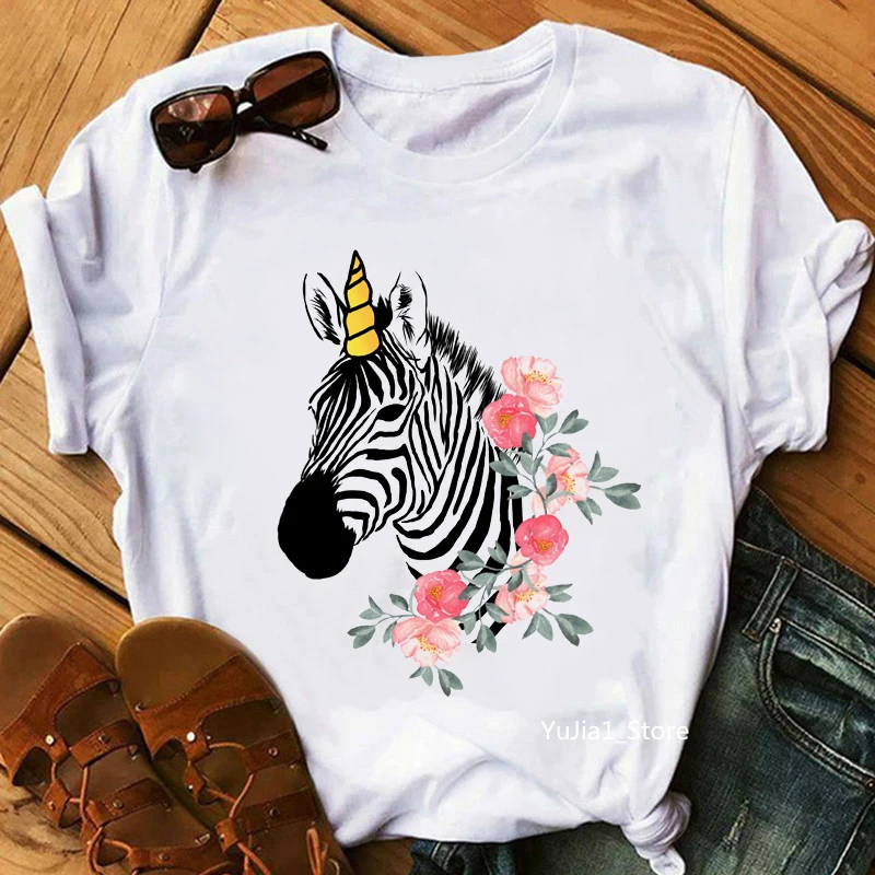 

Watercolor Zebra Flowers Print T-Shirt Women'S Clothing Funny Cool White Tshirt Femme Summer Fashion T Shirt Female Streetwear