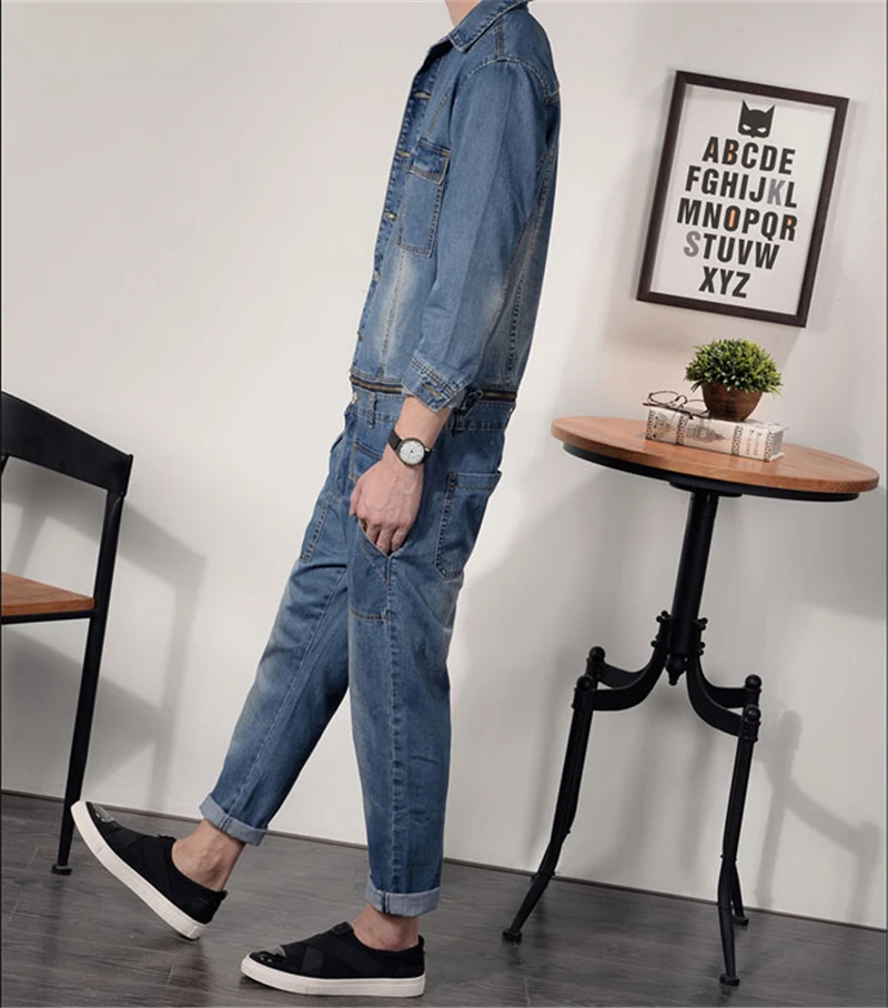 Overalls Men\'s Denim Jumpsuit Blue Lapel Long-Sleeved Jacket Hip-Hop Streetwear Waist Detachable Jeans Pants Casual Trousers