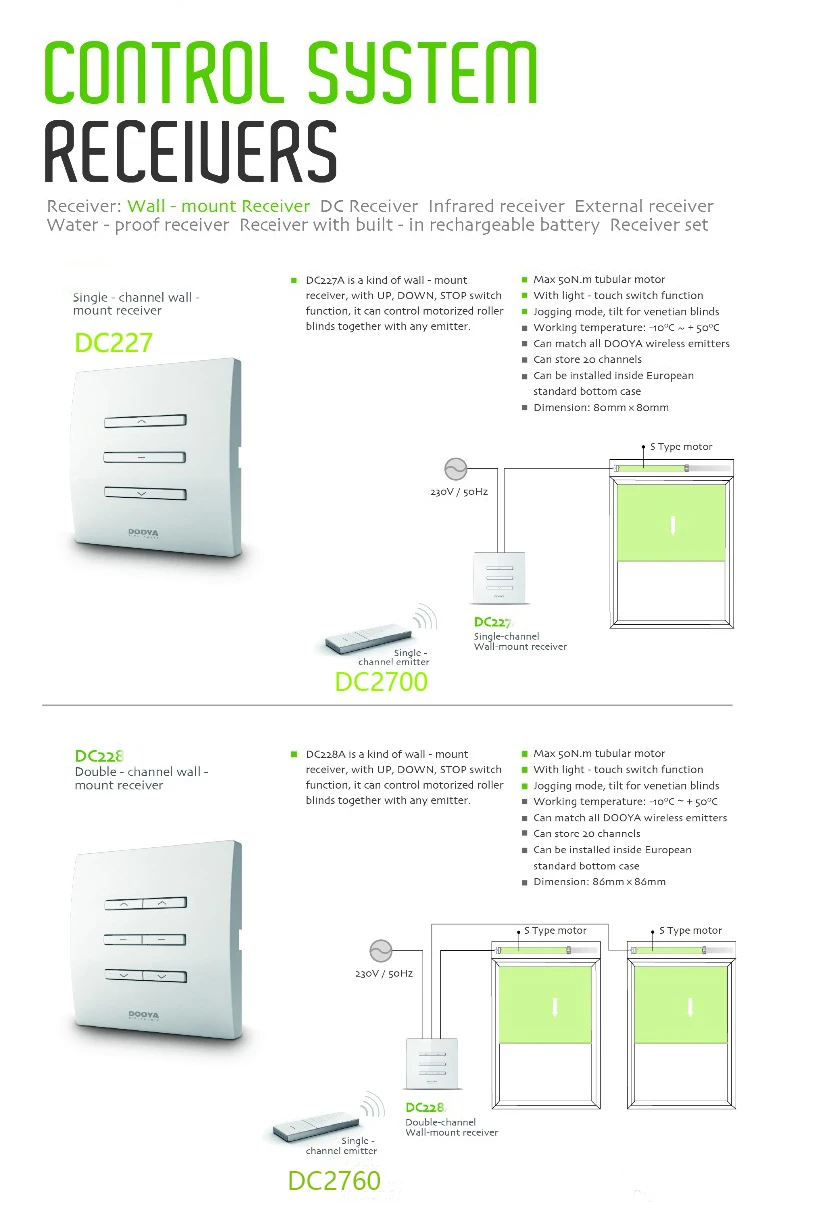 Dooya-Single Channel Wall Receiver Switch, DC227A, RF433, DC228A, Dual Channel Switch for Dooya Curtain Motor, Tubular Blinds