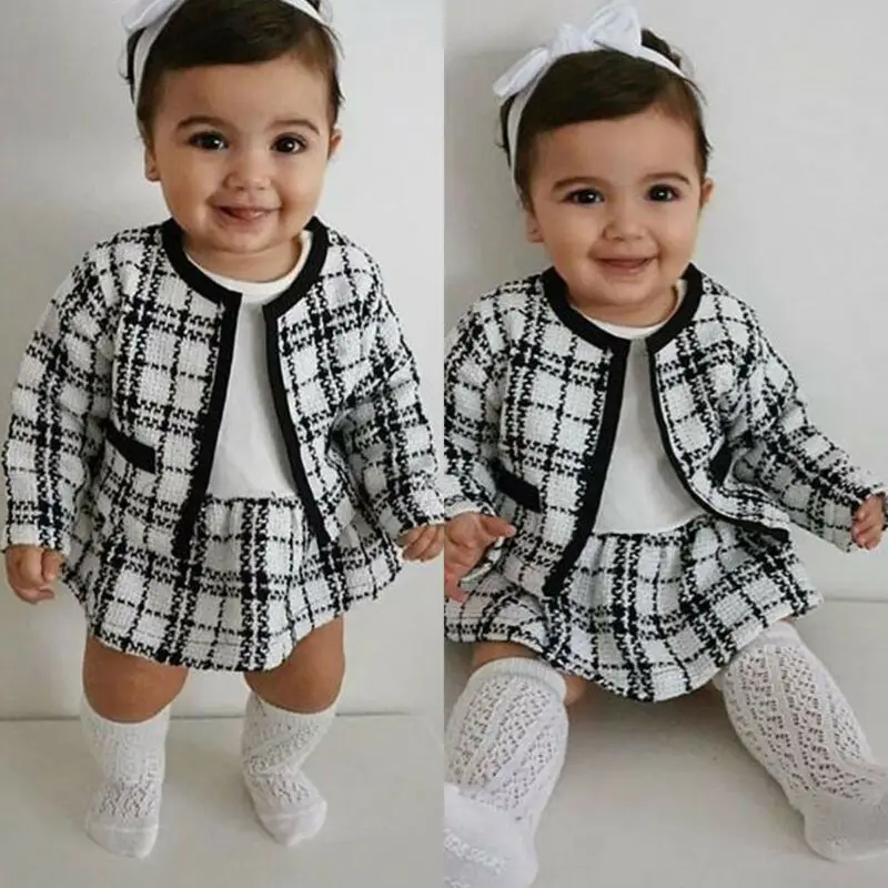 Pudcoco US Stock 6M-5T 2PCS Baby Spring Autumn Clothing Baby Girl Pageant Plaid Coat & Tutu Dress Party Outfits Fashion Clothes