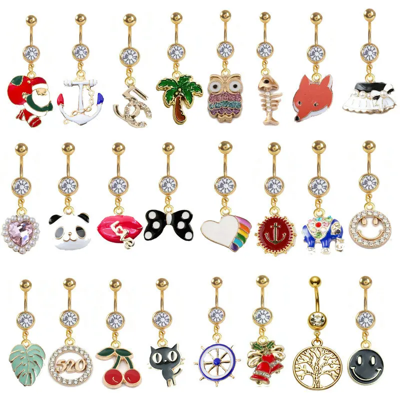 

12pcs/lot Mix Styles Sexy Belly Ring Gold Anorized Belly Ring Cute Stainless Steel Navel Bars Body Piercing Jewelry for Gift