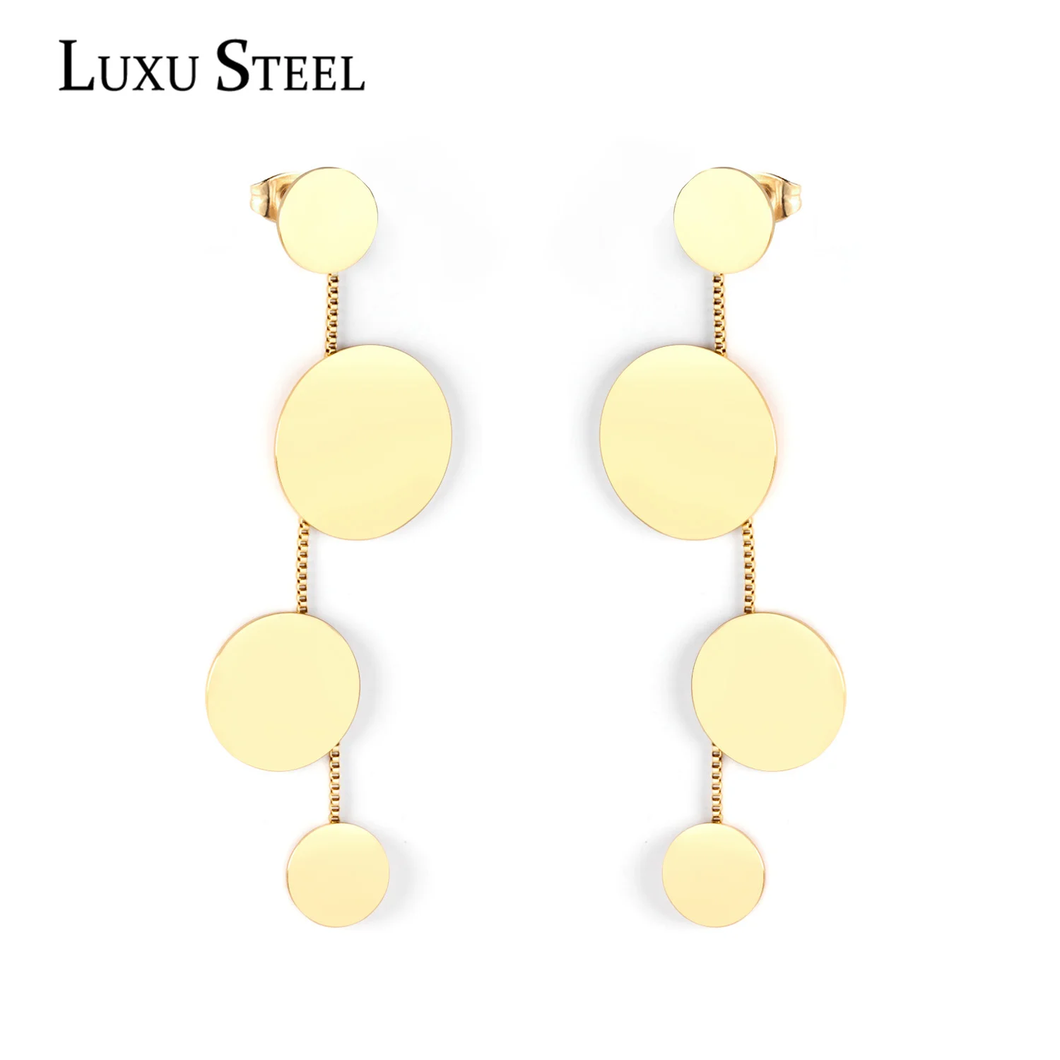 LUXUSTEEL Geometric Earrings Funny Jewelry Stainless Steel Gold Color Round Pendants Drop Earrings Women Accessories Chic Style