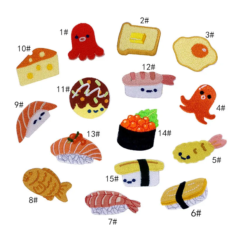 New Fish Cake Sushi Bread Food Embroidered Patches for Clothing DIY Applique Clothes Stickers Iron on Creative Badges Patches