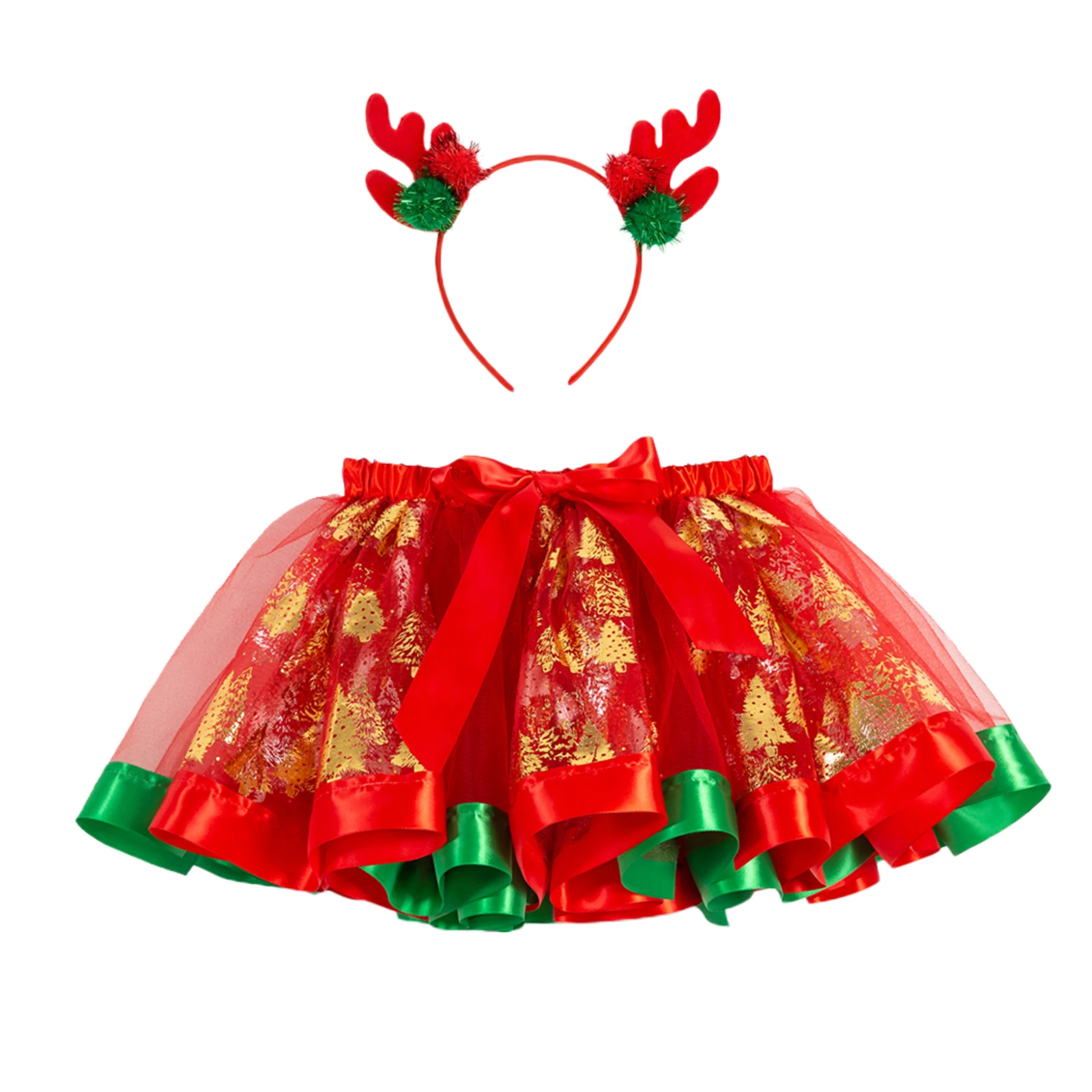 Kids Girl Princess Skirt Outfit Baby Elastic Waist Christmas Print Tutu Skirt Elk Headband Sets Baby Girls Spring Autumn Skirts