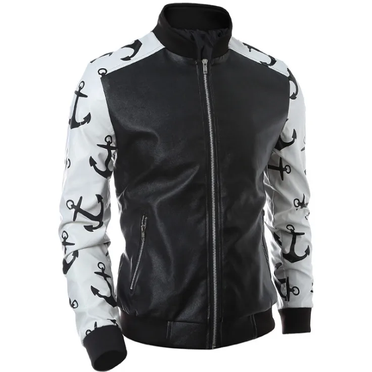 

New Motorcycle Leather Jacket Men Fashion Patchwork Design Printed Leather Jacket Male PU Zipper Overcoat Jaqueta De Couro