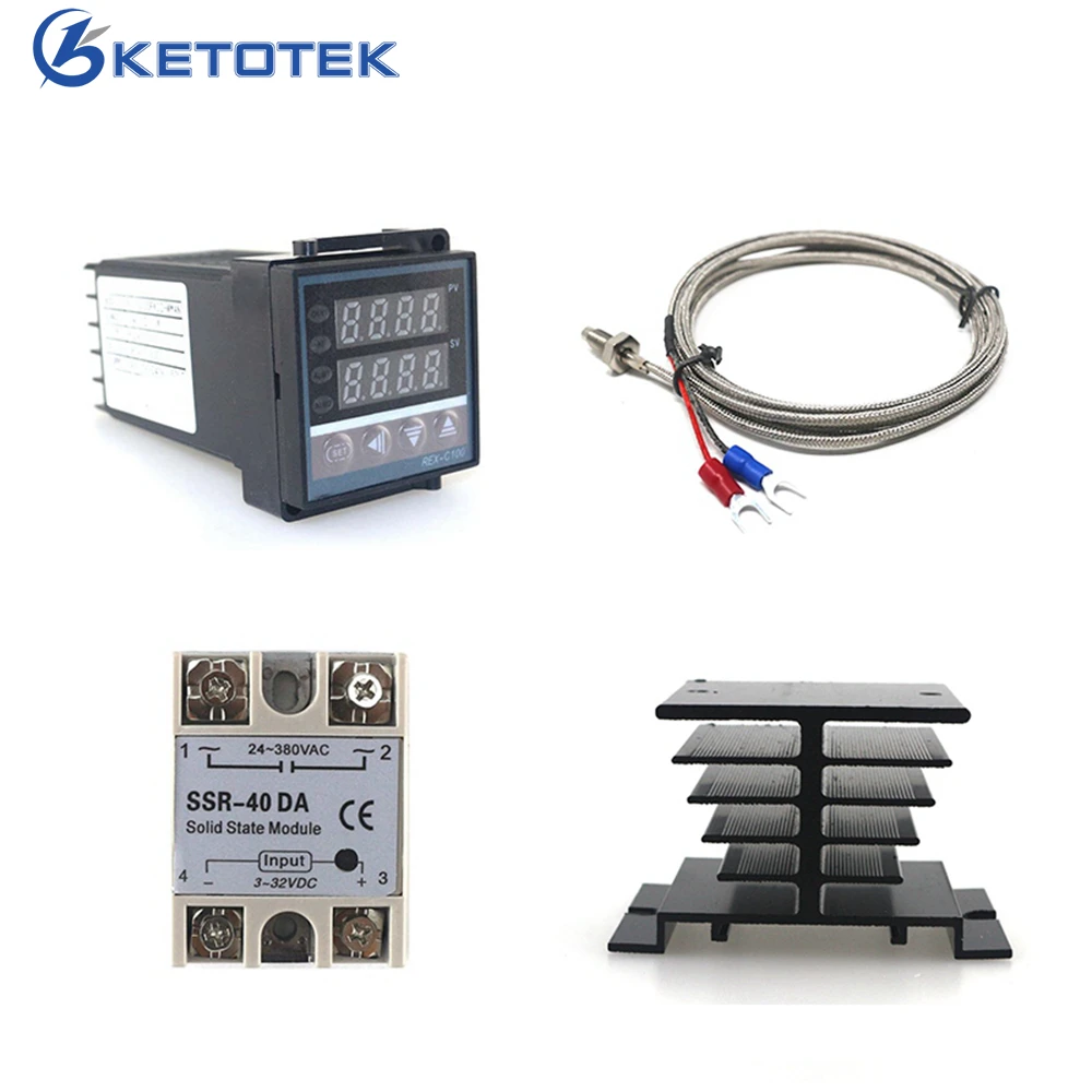 REX-C100 Digital PID Temperature Controller REX C100 40DA Relay SSR Output Thermostat Kit + K Thermocouple Probe / Heat Sink