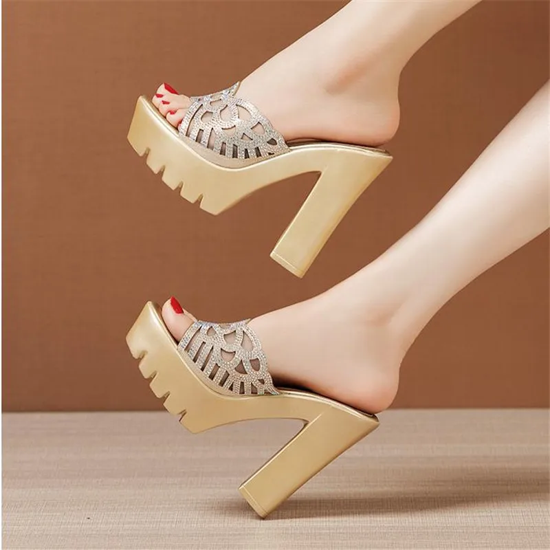 Platform Slippers Women Wedding Shoes Summer 2021 High Heels Slides Ladies Slippers Gold Black, silver Plus Size 32-43