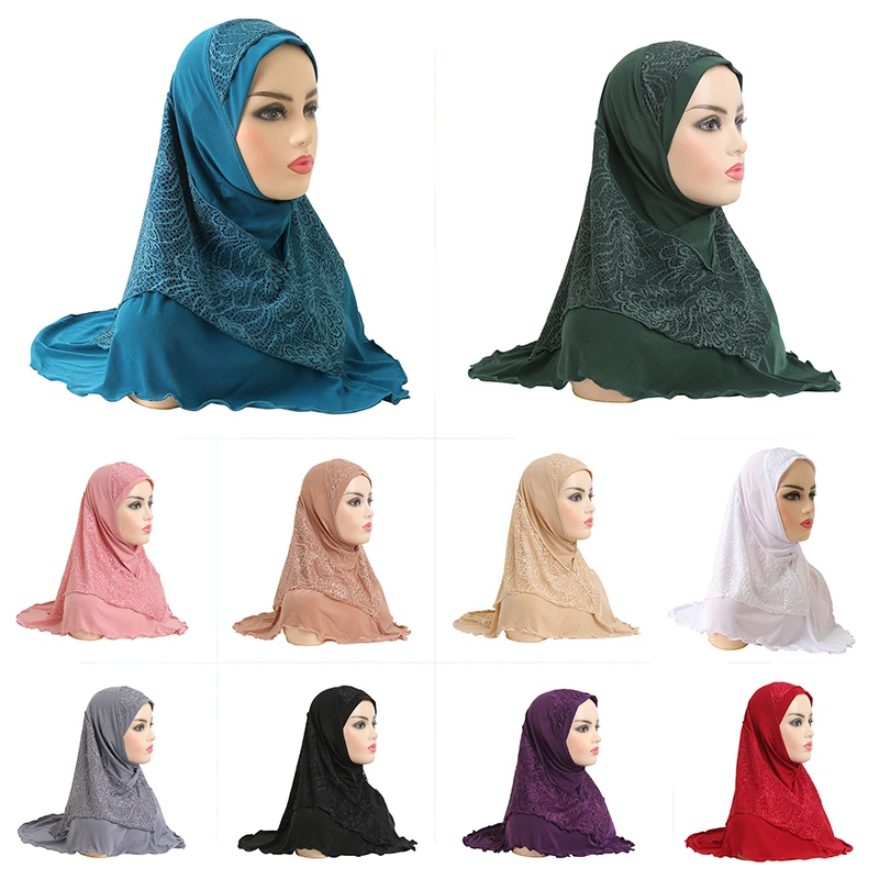 

Lace Layer Muslim Women Hijabs Scarf Islam Arabic Plain Turban Jersey Hijab Cap for Lady Long Pray Head Wrap Headscarf Headwear