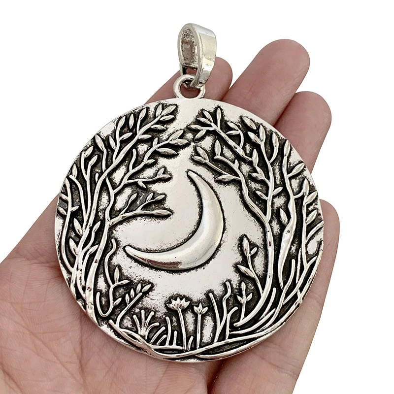 1 x Antique Silver Color Bohemia Large Moon Round and Tree Charm Pendant for DIY Necklace Jewellery Making Accessories 64x64mm